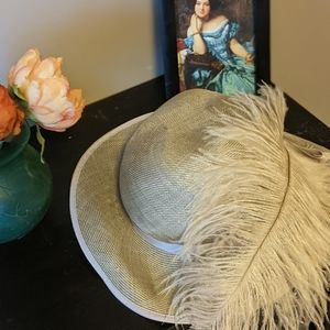 1980s Tan Hat with Large Pink Feather (vintage)